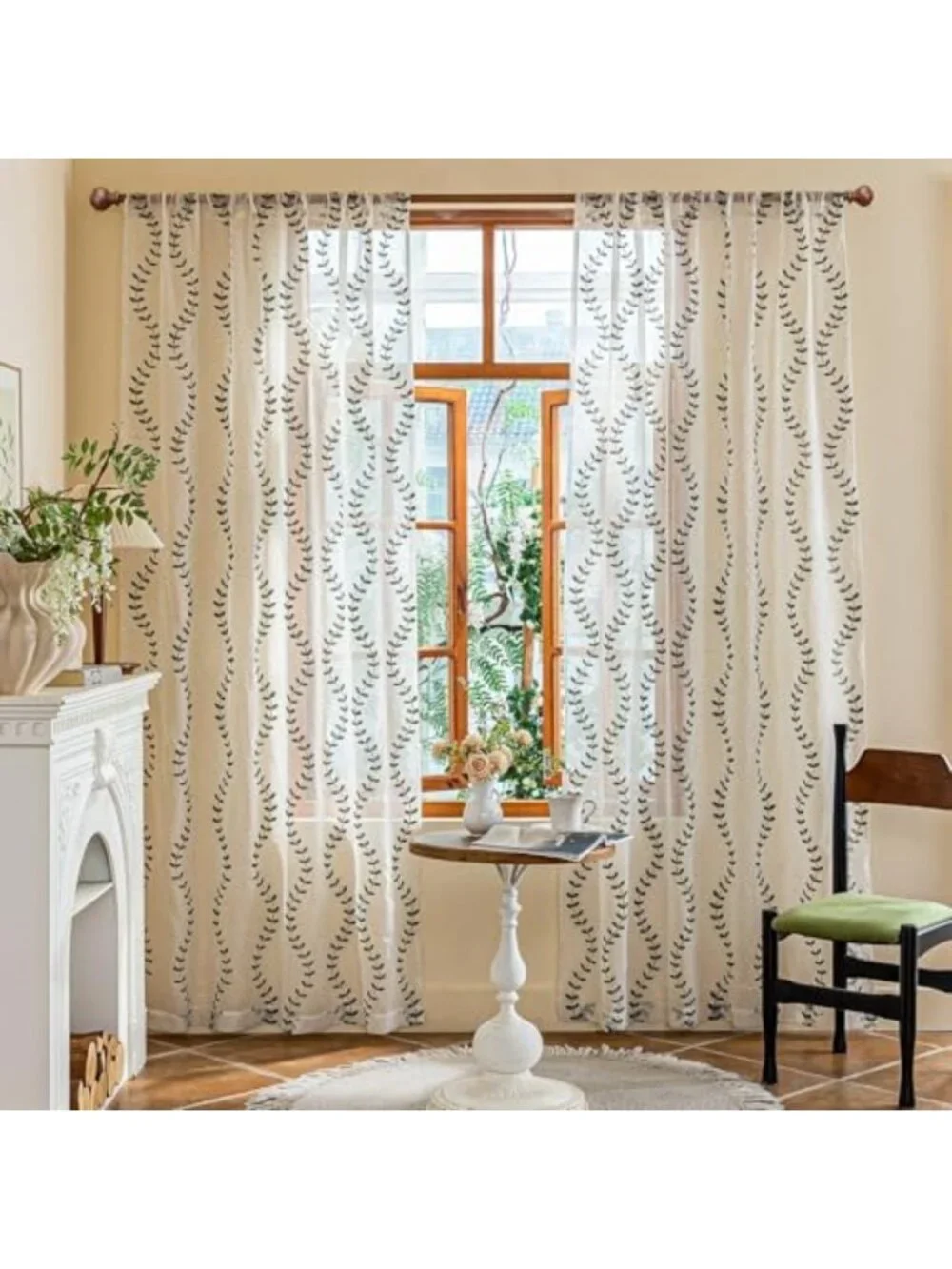 Linen Leaf String Floral Embroidered Semi-Sheer Curtains, Sage Green, 52x63